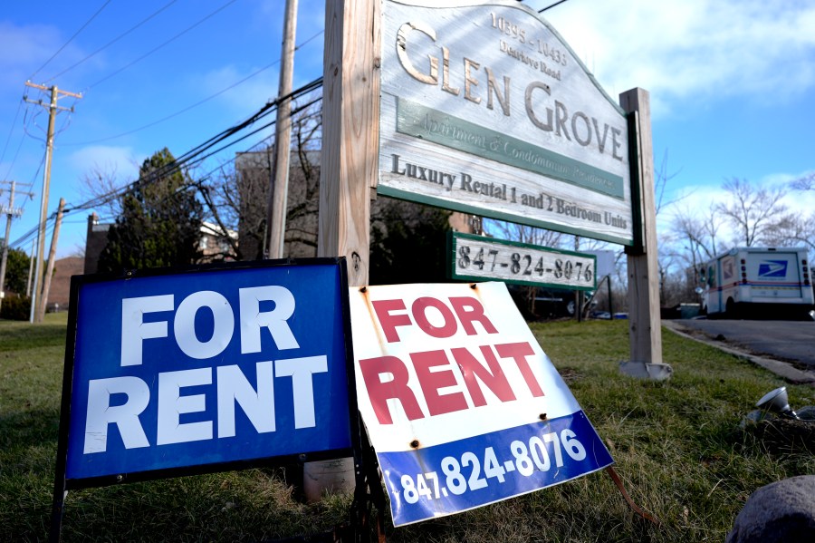 FILE - Signs for apartment rentals are displayed in Glenview, Ill., on Jan. 29, 2024. Consumer inflation remained persistently high last month, boosted by gas, rents, auto insurance and other items, the government said Wednesday. (AP Photo/Nam Y. Huh)