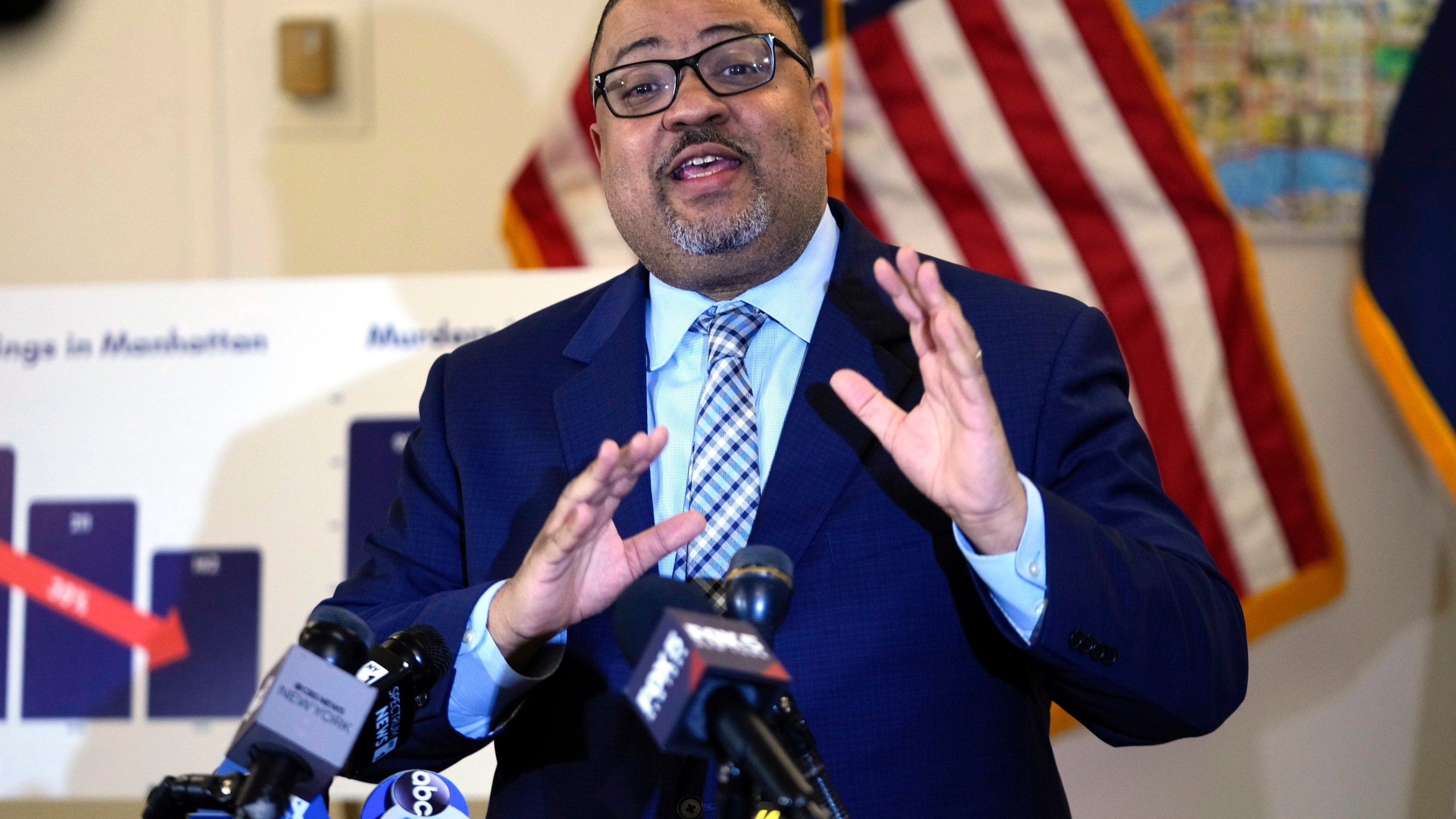 FILE - Manhattan District Attorney Alvin Bragg gestures while speaking during a news conference Feb. 22, 2024, in New York. As he prepares to bring the first of Donald Trump's four criminal prosecutions to trial, Bragg finds himself at the center of a political firestorm. The upcoming trial, over hush money payments allegedly made by Trump during the 2016 election, will test Bragg's efforts to portray himself as apolitical in the face of relentless attacks from Trump and his supporters. The trial is scheduled to begin on Monday, April 15. (AP Photo/Frank Franklin II, File)