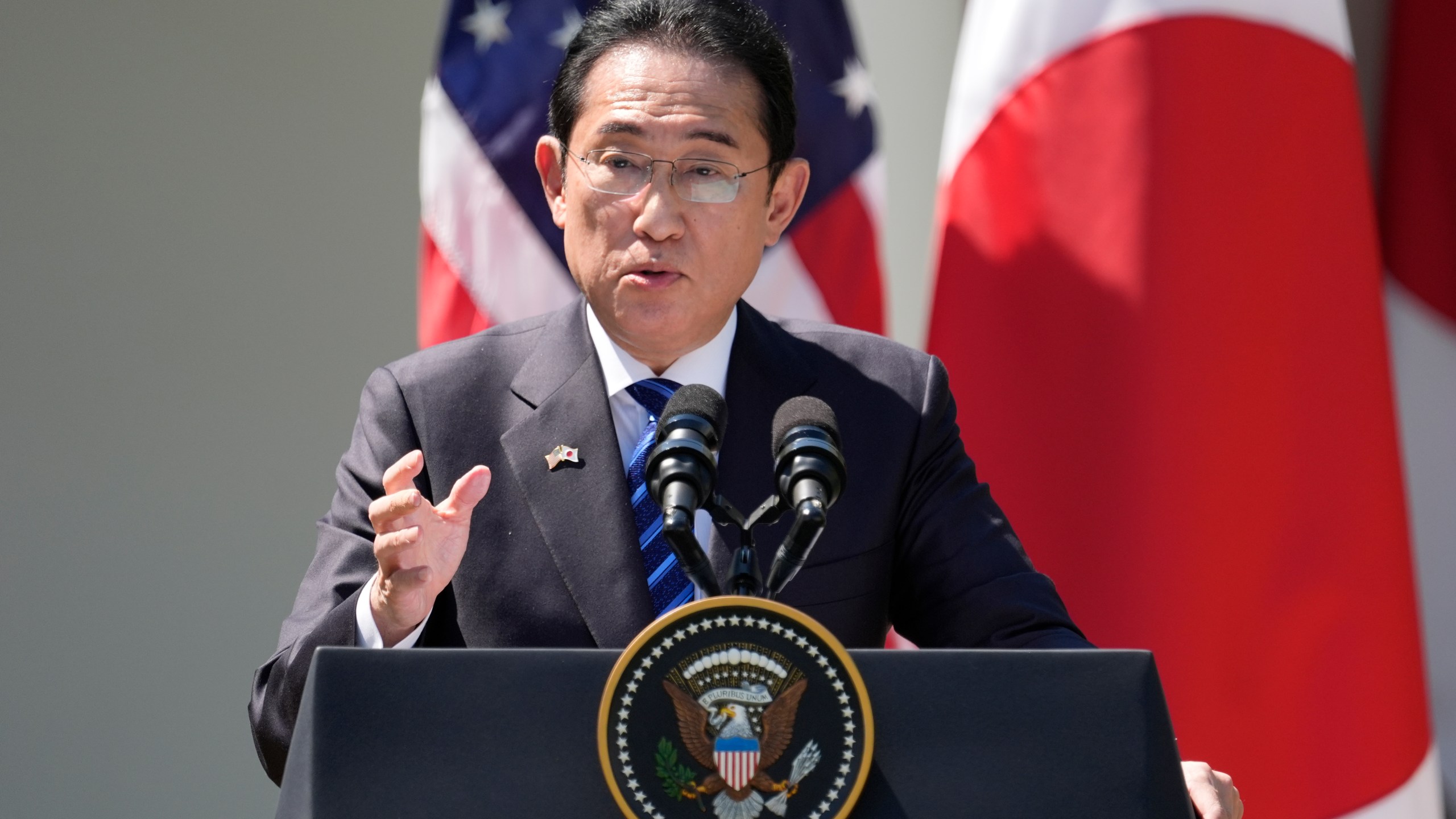 Japanese Prime Minister Fumio Kishida speaks during a news conference with President Joe Biden in the Rose Garden of the White House, Wednesday, April 10, 2024, in Washington. (AP Photo/Alex Brandon)