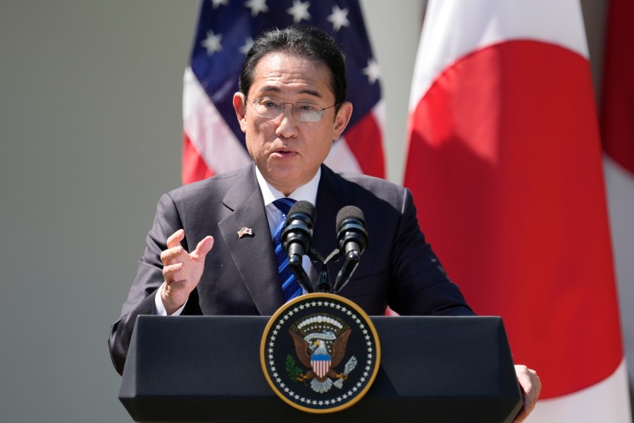 Japanese Prime Minister Fumio Kishida speaks during a news conference with President Joe Biden in the Rose Garden of the White House, Wednesday, April 10, 2024, in Washington. (AP Photo/Alex Brandon)