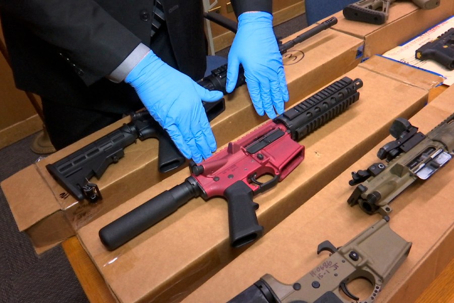 FILE - "Ghost guns" are displayed at the headquarters of the San Francisco Police Department in San Francisco, Nov. 27, 2019. Two gun parts manufacturers have agreed to halt sales of their products in Philadelphia and elsewhere in Pennsylvania, city officials said Thursday, April 11, 2024, announcing a settlement of their lawsuit against the companies. Philadelphia filed suit against Polymer80 and JSD Supply in July 2023, accusing the manufacturers of perpetuating gun violence in the city by manufacturing and selling untraceable, self-manufactured weapons commonly known as “ghost guns.” (AP Photo/Haven Daley, File)