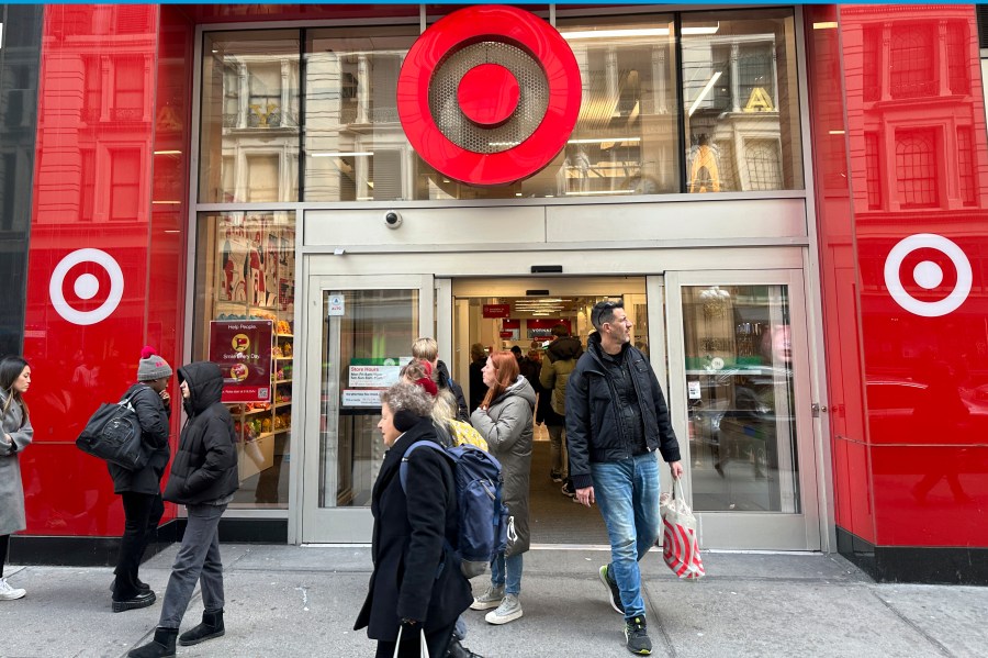 Shoppers leave a Target store in midtown Manhattan in New York on Tuesday, March 19, 2024. On Friday April 12, 2024, the University of Michigan releases its preliminary reading of consumer sentiment for April. (AP Photo/Ted Shaffrey)