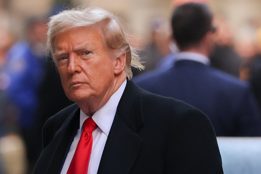 FILE - Former President Donald Trump arrives for a press conference at Manhattan criminal court, March 25, 2024, in New York. Trump will make history as the first former president to stand trial on criminal charges when his hush money case opens with jury selection. The case will force the presumptive Republican presidential nominee to juggle campaigning with sitting in a Manhattan courtroom for weeks to defend himself against charges involving a scheme to bury allegations of marital infidelity that arose during his first White House campaign in 2016. (AP Photo/Yuki Iwamura, File)