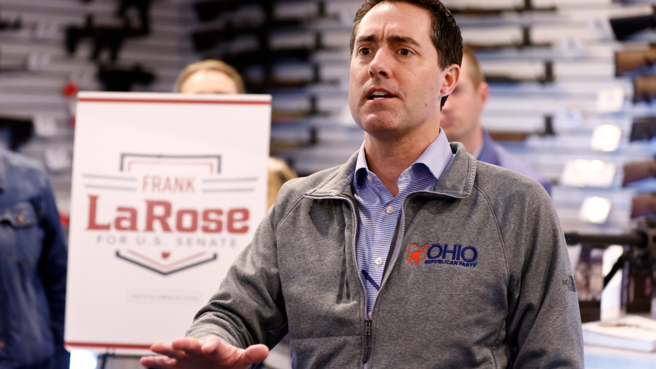 FILE - Ohio Secretary of State and Republican candidate for U.S. Senate Frank LaRose speaks to supporters during a campaign event in Hamilton, Ohio, Monday, March 18, 2024. President Joe Biden's re-election campaign is wrangling with the Republican-dominated states of Ohio and Alabama to assure he's listed on their November ballots, amid hints that a routine procedural negotiation is becoming politically charged. (AP Photo/Paul Vernon, File)