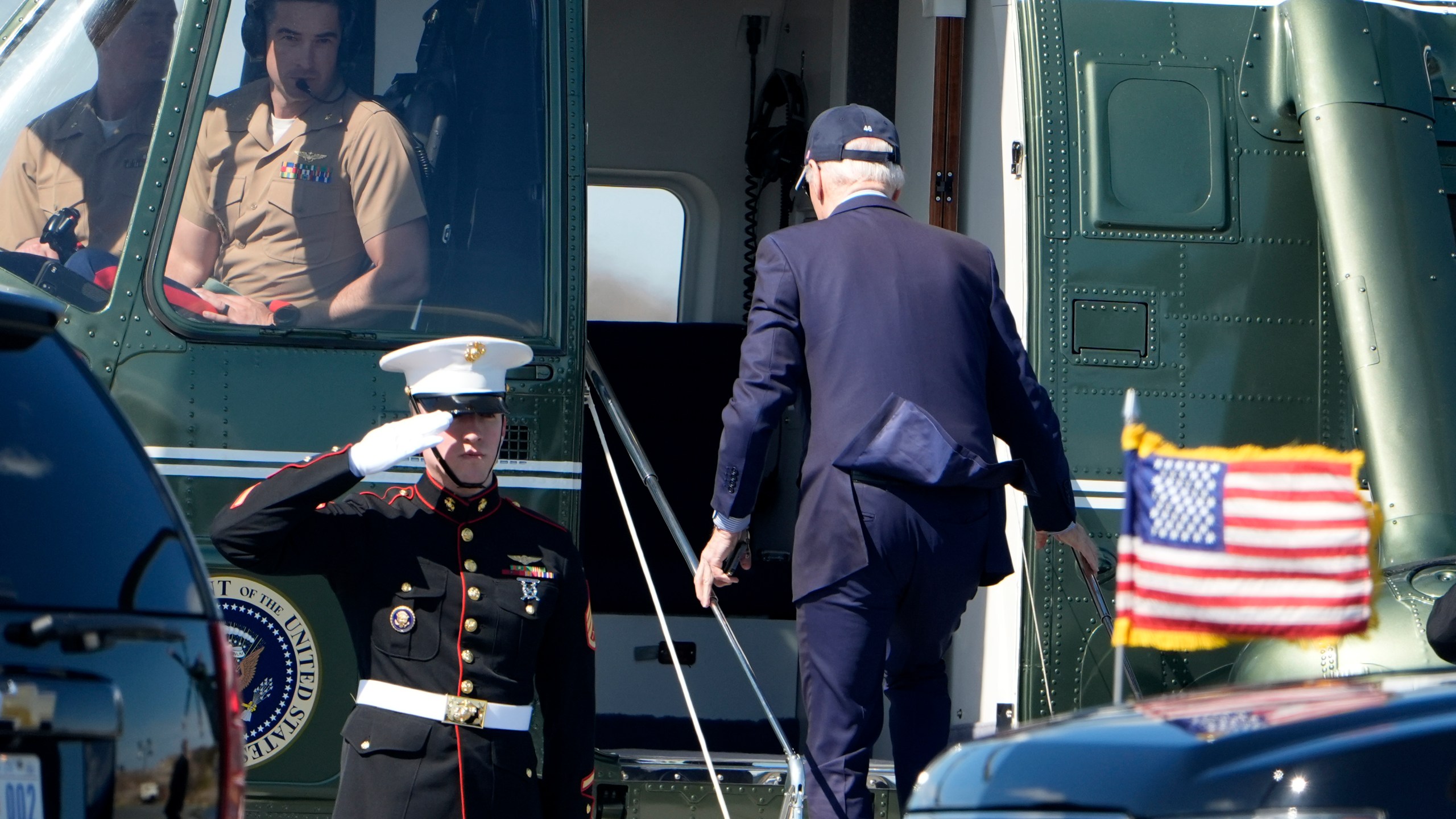 President Joe Biden boards Marine One at Gordons Pond in Rehoboth Beach, Del., Saturday, April 13, 2024, to return to the White House. (AP Photo/Manuel Balce Ceneta)