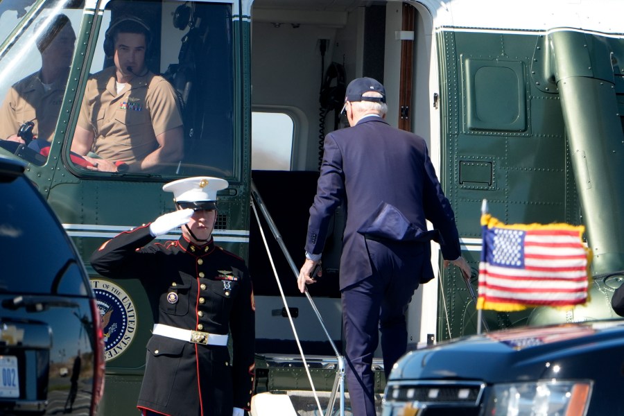 President Joe Biden boards Marine One at Gordons Pond in Rehoboth Beach, Del., Saturday, April 13, 2024, to return to the White House. (AP Photo/Manuel Balce Ceneta)