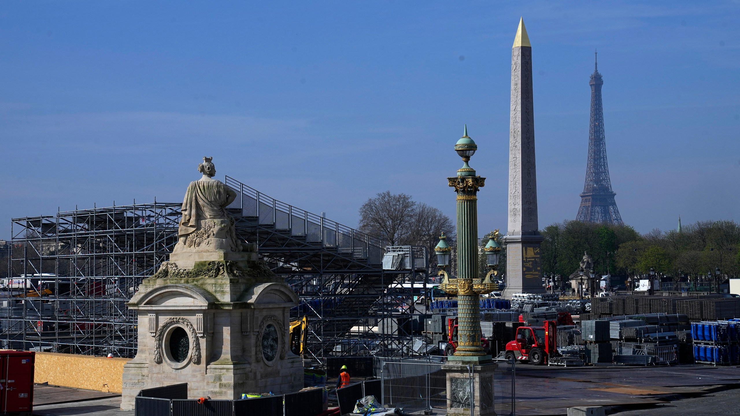 Construction of the stands are under way for the upcoming summer Olympic Games, Friday, March 22, 2024 on the Place de la Concorde in Paris. The Paris 2024 Olympic Games will run from July 26 to Aug.11, 2024. (AP Photo/Michel Euler)