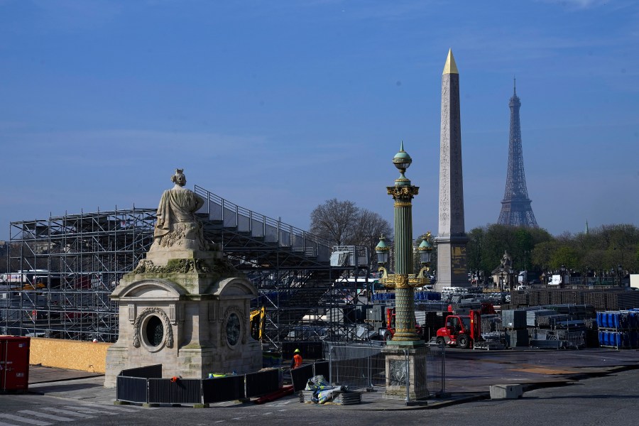 Construction of the stands are under way for the upcoming summer Olympic Games, Friday, March 22, 2024 on the Place de la Concorde in Paris. The Paris 2024 Olympic Games will run from July 26 to Aug.11, 2024. (AP Photo/Michel Euler)