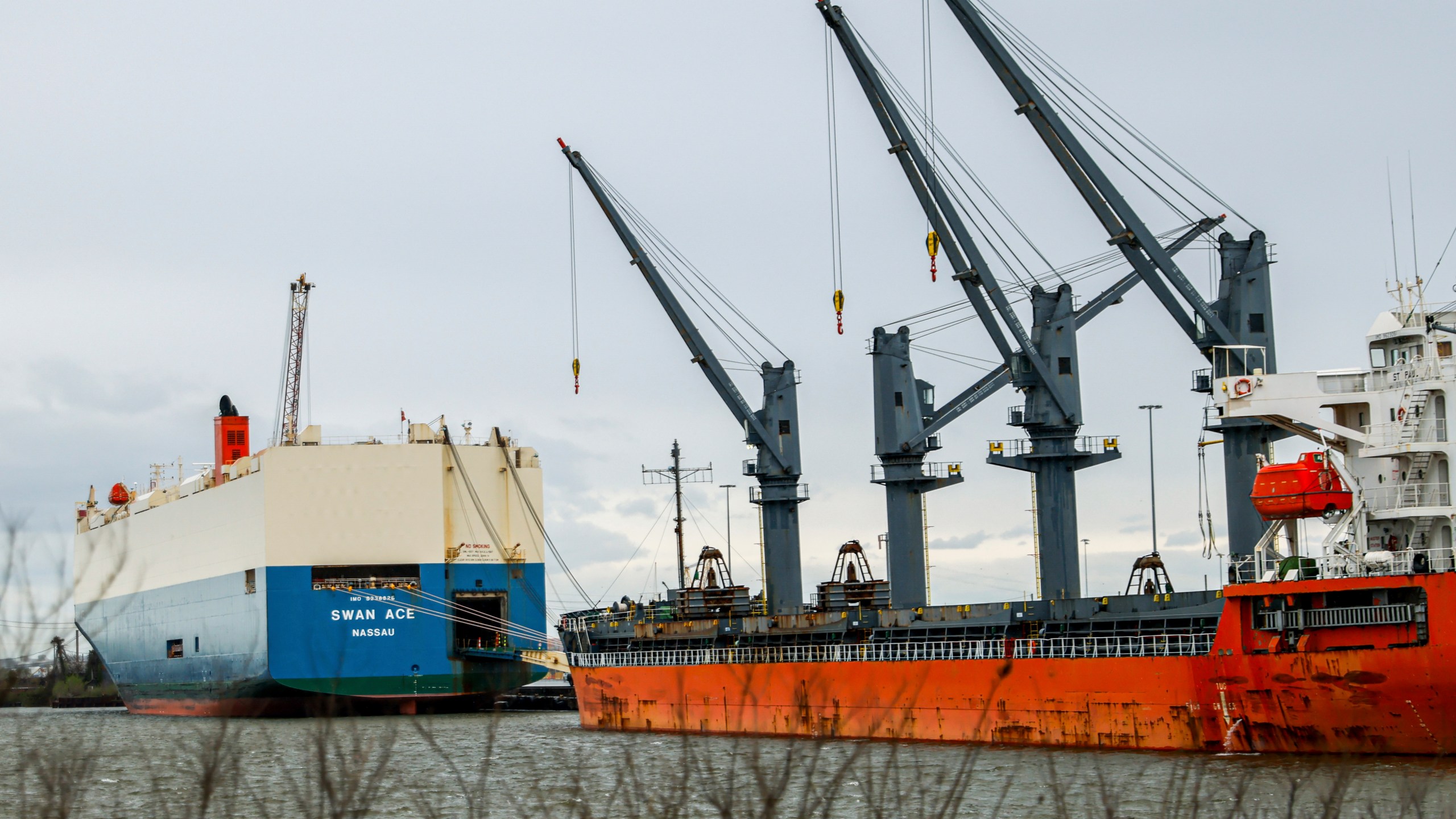 Ships are unloaded at Tradepoint Atlantic, Friday, April 12, 2024, in Sparrows Point, Md. (AP Photo/Julia Nikhinson)