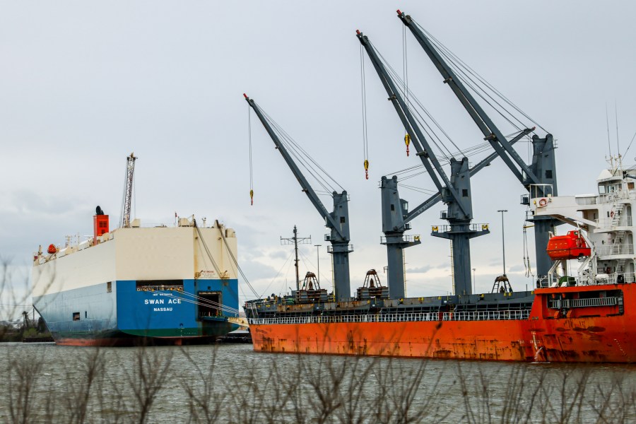 Ships are unloaded at Tradepoint Atlantic, Friday, April 12, 2024, in Sparrows Point, Md. (AP Photo/Julia Nikhinson)