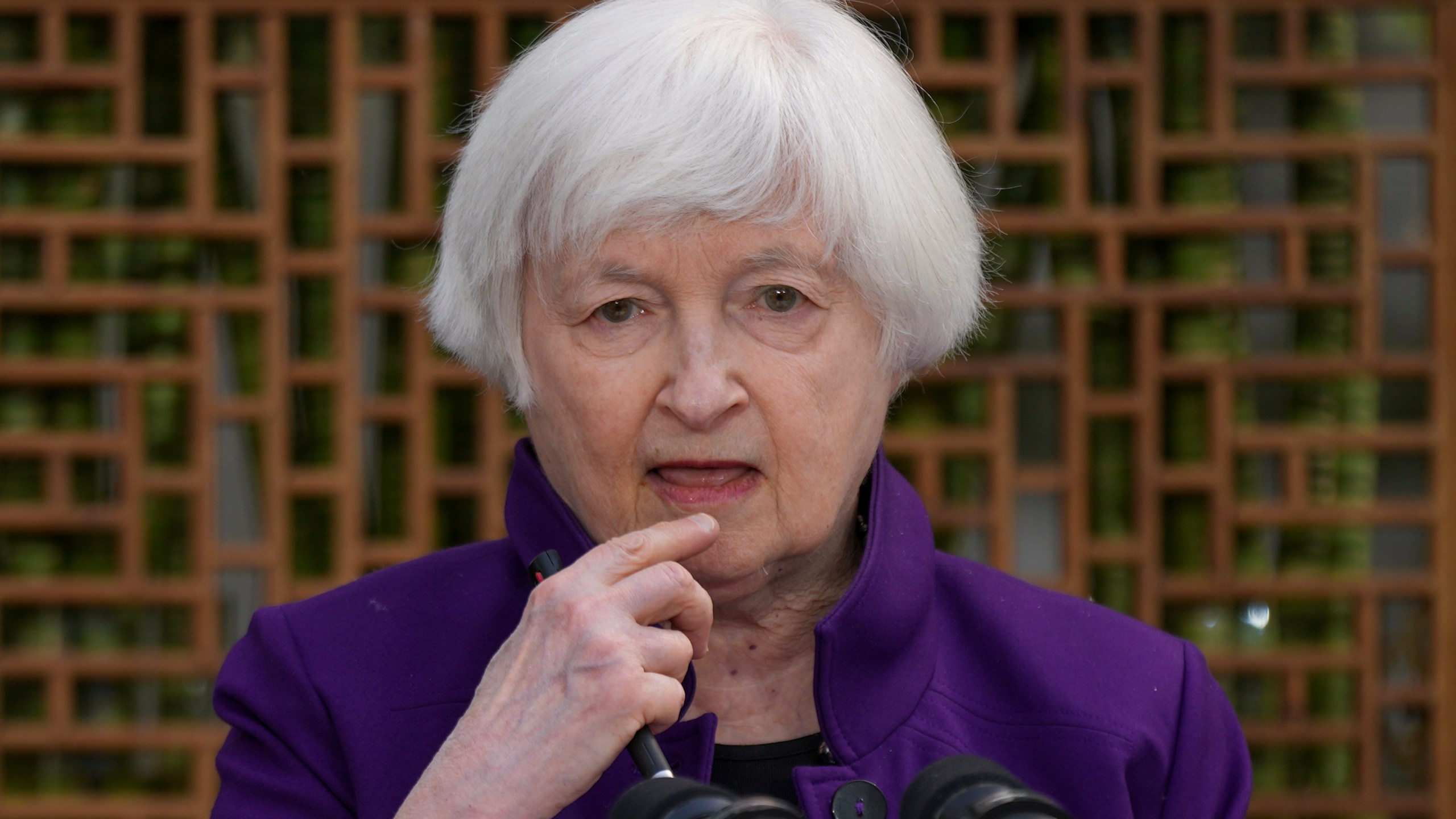 U.S. Treasury Secretary Janet Yellen attends a press conference in Beijing, China, Monday, April 8, 2024. Ever since she ate mushrooms that can have psychedelic effects in Beijing last July, Americans and Chinese have been united in their interest in what Janet Yellen will eat next. (AP Photo/Tatan Syuflana)