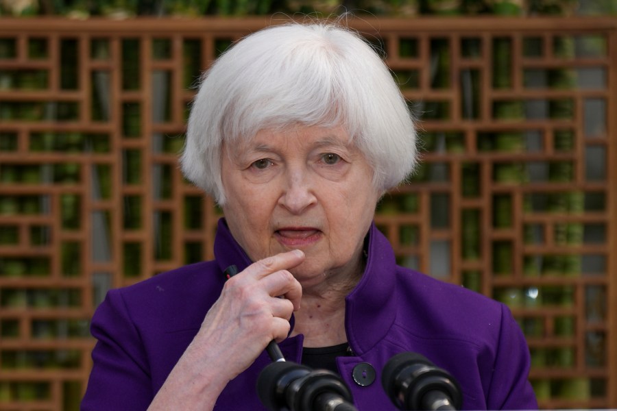 U.S. Treasury Secretary Janet Yellen attends a press conference in Beijing, China, Monday, April 8, 2024. Ever since she ate mushrooms that can have psychedelic effects in Beijing last July, Americans and Chinese have been united in their interest in what Janet Yellen will eat next. (AP Photo/Tatan Syuflana)