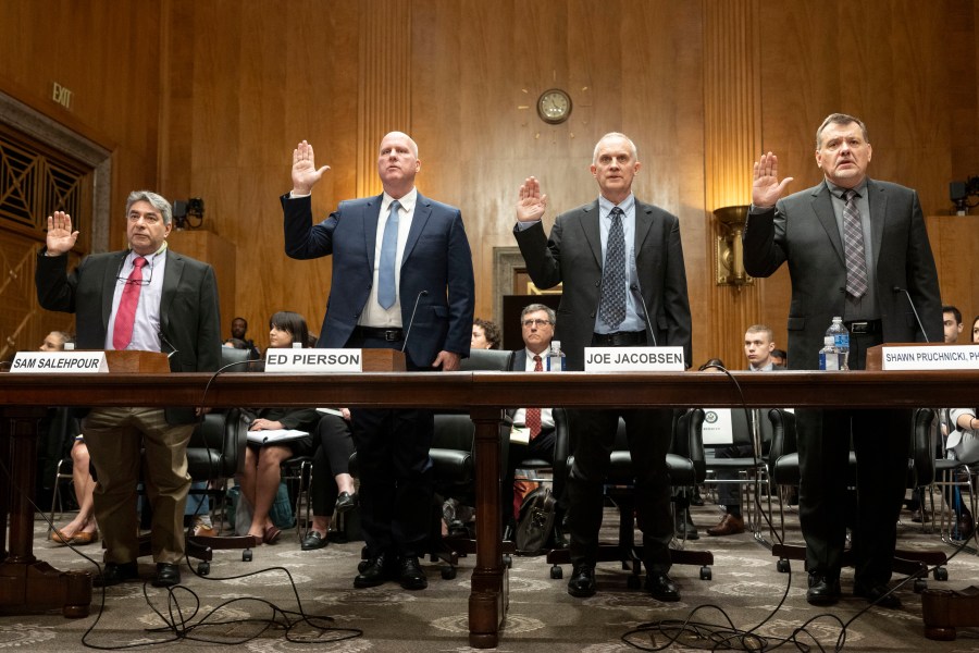 From Left, Boeing Quality Engineer Sam Salehpour; Ed Pierson, Executive Director of The Foundation for Aviation Safety and a Former Boeing Engineer; Joe Jacobsen, Aerospace Engineer and Technical Advisor to the Foundation for Aviation Safety and a former FAA Engineer; and Shawn Pruchnicki, Ph.D, Professional Practice Assistant Professor for Integrated Systems Engineering at The Ohio State University are sworn in before they testify at a Senate Homeland Security and Governmental Affairs - Subcommittee on Investigations hearing to examine Boeing's broken safety culture on Wednesday, April 17, 2024, in Washington. (AP Photo/Kevin Wolf)