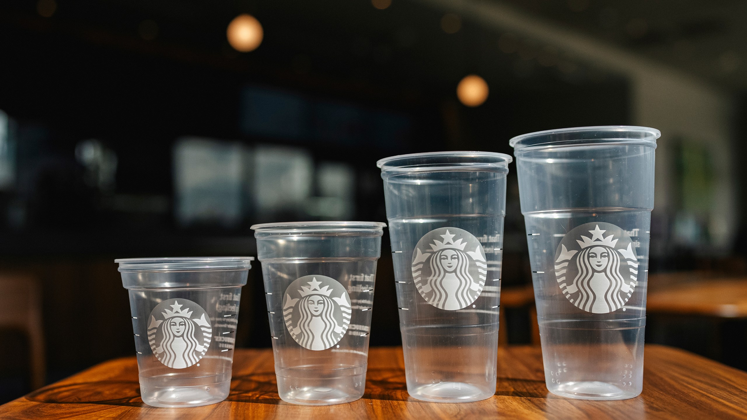 This photo provided by Starbucks shows a new version of the company's cold cup which is said to be made with up to 20% less plastic. The introduction of the cups will be announced on Thursday, April 18, 2024. (Starbucks via AP)