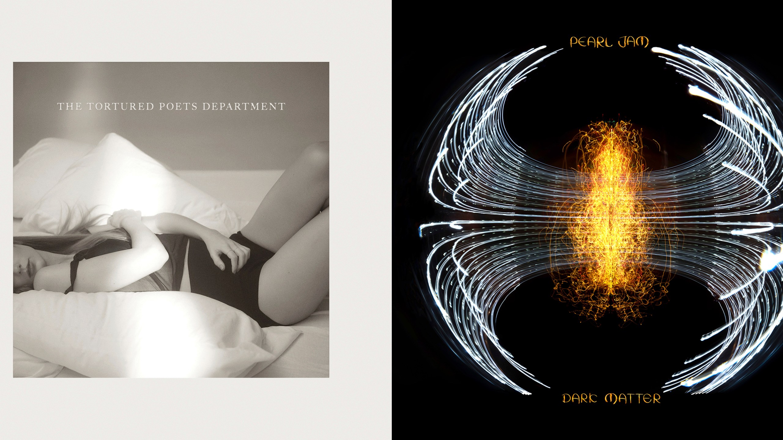 This combination of album covers shows "The "Tortured Poets Department" by Taylor Swift and "Dark Matter" by Pearl Jam. (Republic Records via AP, left, and Monkeywrench/Republic Records via AP)