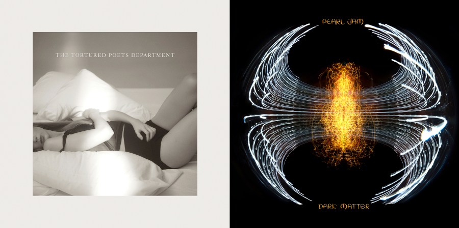 This combination of album covers shows "The "Tortured Poets Department" by Taylor Swift and "Dark Matter" by Pearl Jam. (Republic Records via AP, left, and Monkeywrench/Republic Records via AP)