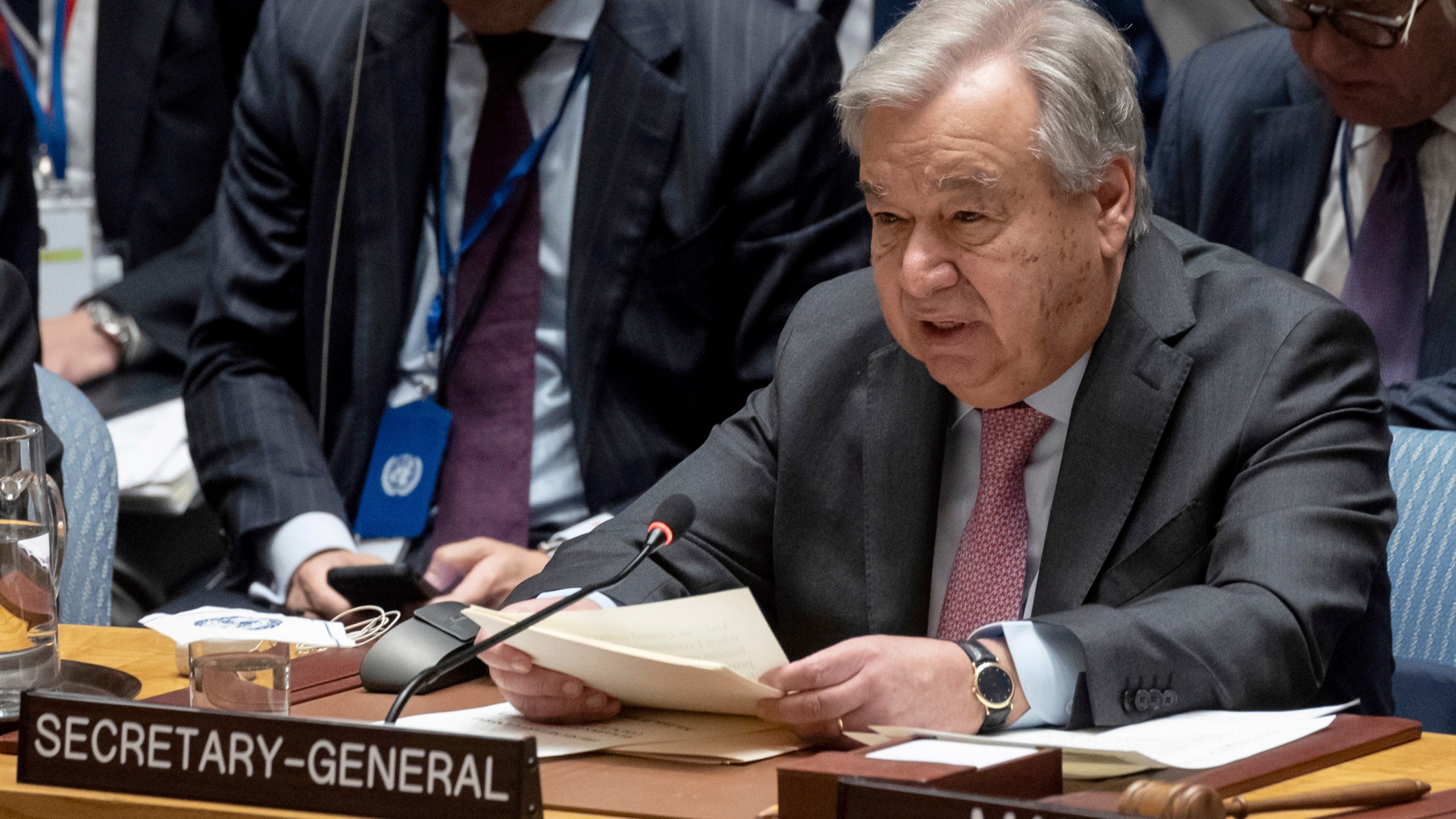 FILE - United Nations Secretary General Antonio Guterres speak during a Security Council meeting at the United Nations headquarters, April 18, 2024. An independent review released Monday, April 22, of the neutrality of UNRWA, the U.N. agency helping Palestinian refugees, has found that Israel never expressed concern about anyone on the staff lists it has received annually since 2011. The review was carried out after Israel alleged that a dozen employees of the agency had participated in Hamas’ Oct. 7 attacks. Guterres ordered the U.N. internal watchdog to carry out a separate investigation into the allegations. (AP Photo/Yuki Iwamura, File)