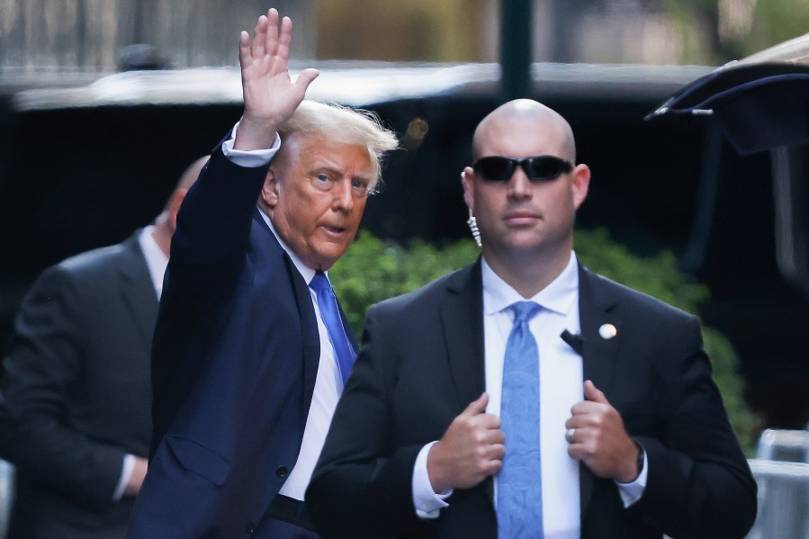 Former president Donald Trump leaves Trump Tower on his way to Manhattan criminal court, Monday, April 22, 2024, in New York. Opening statements in Donald Trump's historic hush money trial are set to begin. Trump is accused of falsifying internal business records as part of an alleged scheme to bury stories he thought might hurt his presidential campaign in 2016. (AP Photo/Stefan Jeremiah)