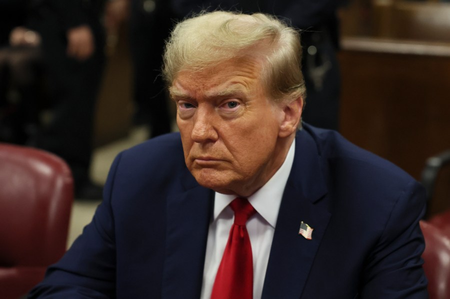 Republican presidential candidate and former President Donald Trump sits in Manhattan state court in New York, Monday, April 23, 2024. (Brendan McDermid/Pool Photo via AP)