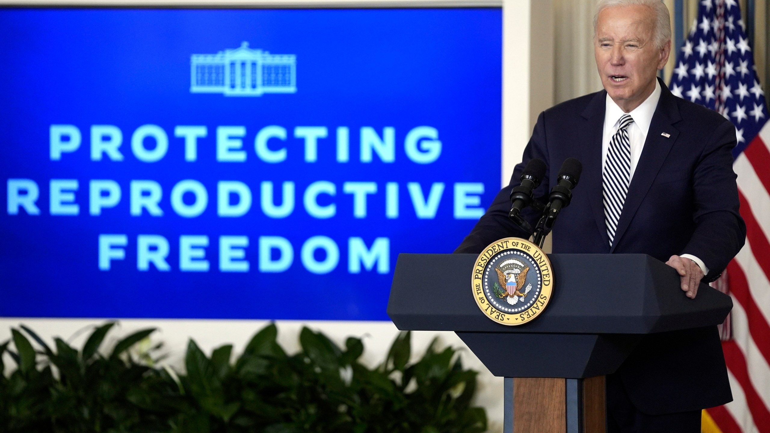 FILE - President Joe Biden speaks during a meeting in the White House, Jan. 22, 2024, in Washington. Biden is traveling to Tampa, Fla., on Tuesday, April 23, just days before the state's six-week abortion ban goes into effect, to make his case against abortion restrictions nationwide. (AP Photo/Evan Vucci, File)