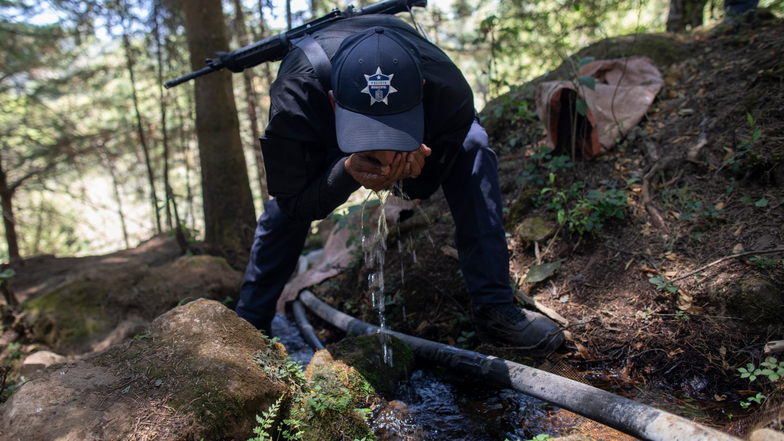 A municipal police officer drinks water from a stream lined with an unlicensed hose as he accompanies locals who are dismantling illegal water taps during a drought in the mountains of Villa Madero, Mexico, Wednesday, April 17, 2024. On Wednesday, dozens of residents, farmworkers and small-scale farmers from Villa Madero hiked up into the hills to tear out irrigation equipment using mountain springs to water avocado orchards carved out of the pine-covered hills. (AP Photo/Armando Solis)