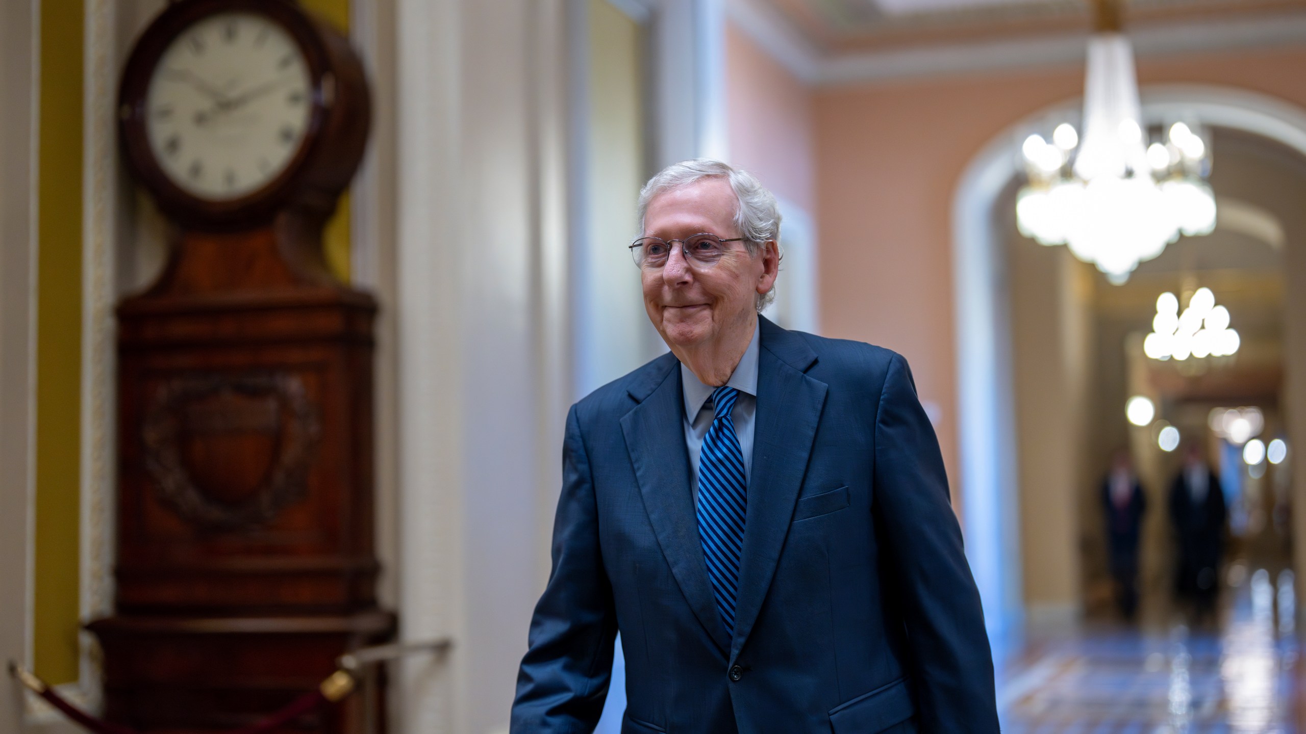 Senate Minority Leader Mitch McConnell, R-Ky., walks to the chamber as the Senate prepares to advance the $95 billion aid package for Ukraine, Israel and Taiwan passed by the House, at the Capitol in Washington, Tuesday, April 23, 2024. (AP Photo/J. Scott Applewhite)