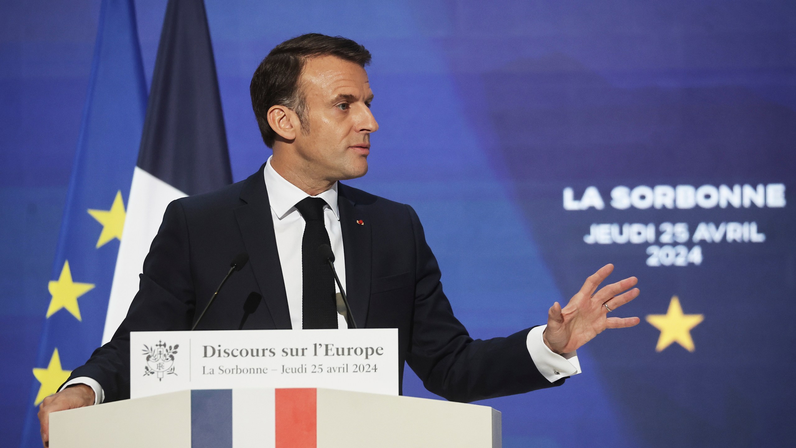 French President Emmanuel Macron delivers a speech on Europe in the amphitheater of the Sorbonne University, Thursday, April 25 in Paris. 2024. French President Emmanuel Macron will outline his vision for Europe as a more assertive global power at the backdrop of war in Ukraine, security, and economic challenges in a speech ahead of pivotal election for the European Parliament in June. (Christophe Petit Tesson, Pool via AP)