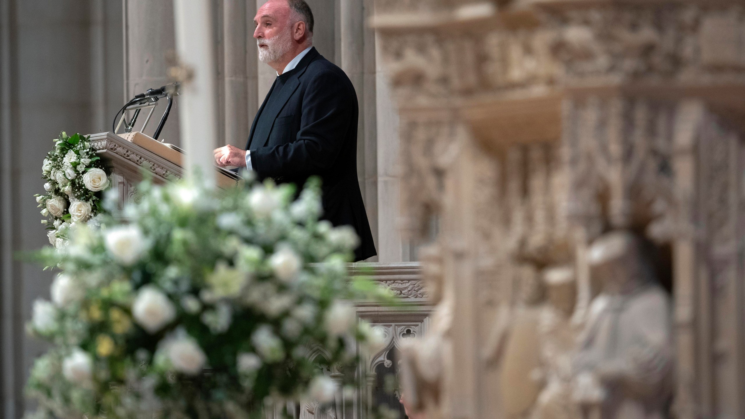 Chef Jose Andres, founder of the American NGO World Central Kitchen, speaks during the World Central Kitchen's memorial service at the National Cathedral, Thursday, April 25, 2024, in Washington. The memorial service is honoring seven World Central Kitchen aid workers killed by Israeli strikes in Gaza this month. (AP Photo/Jose Luis Magana)