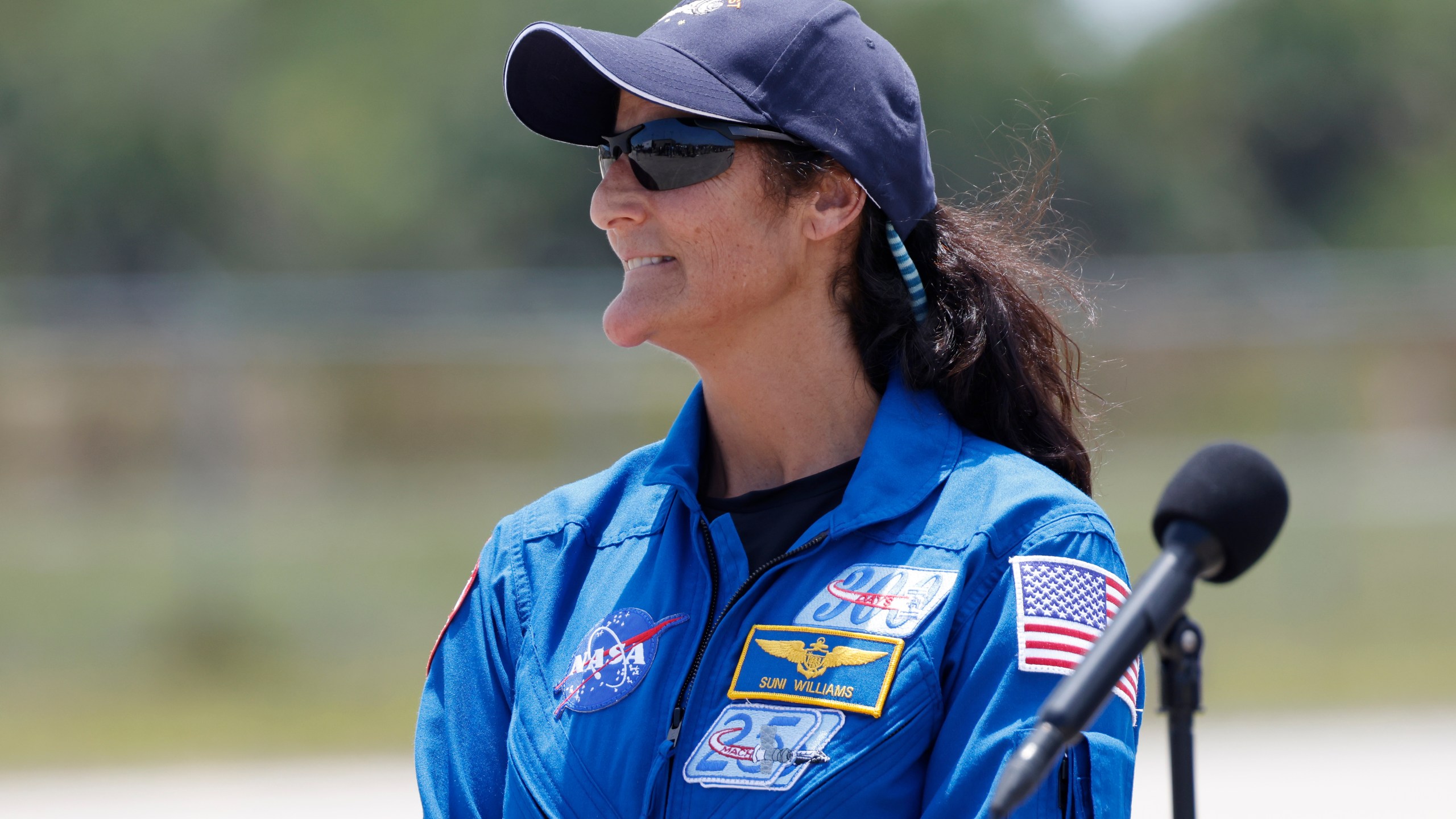 NASA astronaut Suni Williams speaks to the media after arriving at the Kennedy Space Center, Thursday, April 25, 2024, in Cape Canaveral, Fla. The crew of two test pilots will launch aboard Boeing's Starliner capsule atop an Atlas rocket to the International Space Station, scheduled for liftoff on May 6, 2024. (AP Photo/Terry Renna)