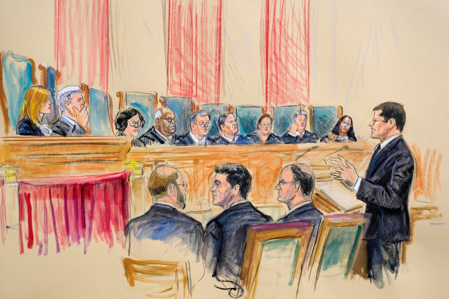 The artist sketch depicts former President Donald Trump's attorney John Sauer, far right, speaking before the Supreme Court about whether Trump is immune from prosecution in a case charging him with plotting to overturn the results of the 2020 presidential election, on Capitol Hill in Washington, Thursday, April 25, 2024. (Dana Verkouteren via AP))