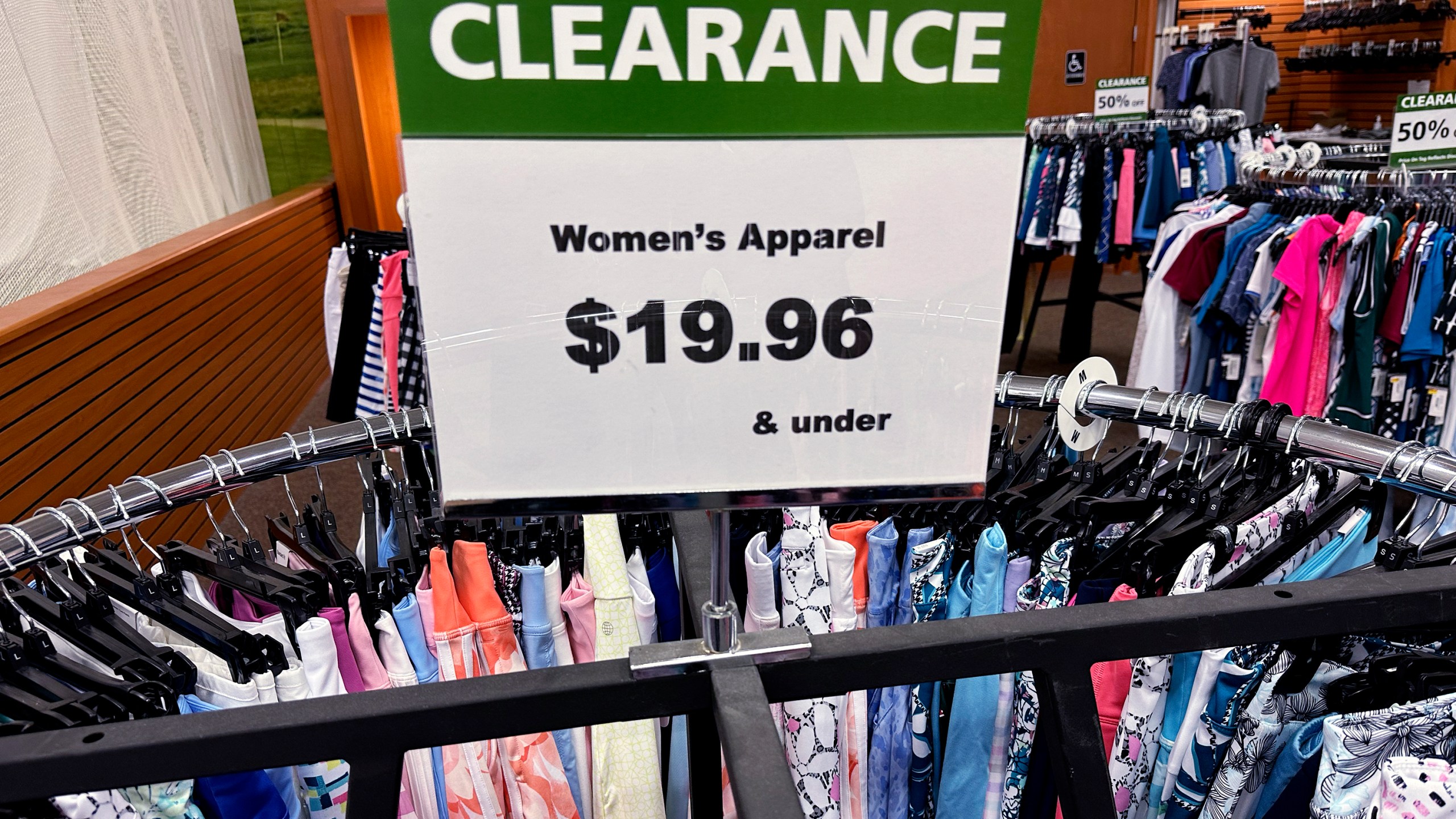 A clearance sign is displayed at a retail clothing store in Downers Grove, Ill., Monday, April 1, 2024. On Friday, April 26, 2024, the Commerce Department issues its March report on consumer spending. (AP Photo/Nam Y. Huh)