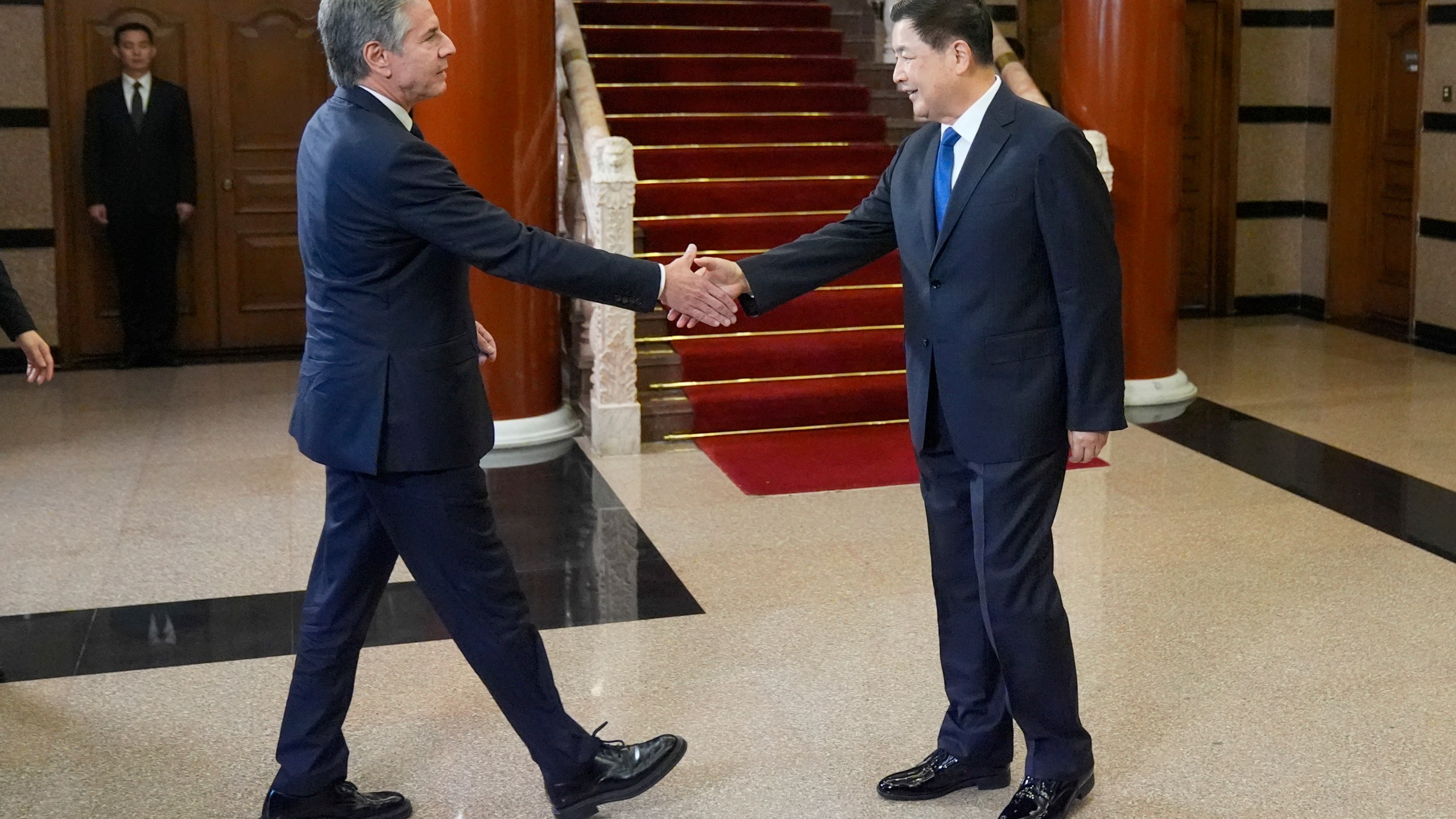 U.S. Secretary of State Antony Blinken meets with China's Minister of Public Security Wang Xiaohong, right, at the Diaoyutai State Guesthouse, Friday, April 26, 2024, in Beijing, China. (AP Photo/Mark Schiefelbein, Pool)