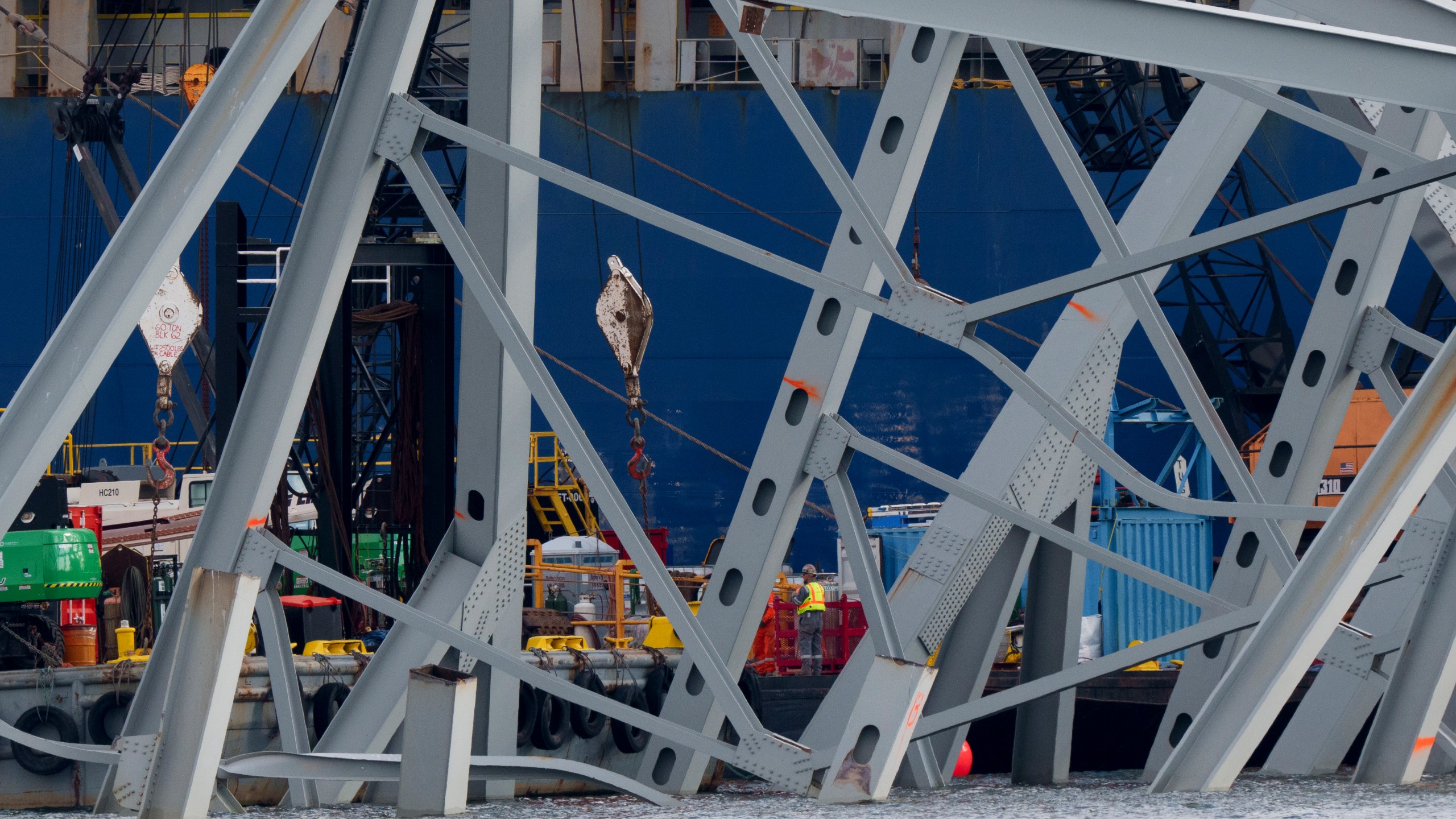 Salvage work continues on the collapsed Francis Scott Key Bridge, Thursday, April 25, 2024, in Baltimore. (AP Photo/Matt Rourke)