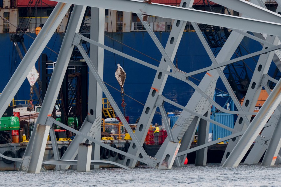 Salvage work continues on the collapsed Francis Scott Key Bridge, Thursday, April 25, 2024, in Baltimore. (AP Photo/Matt Rourke)