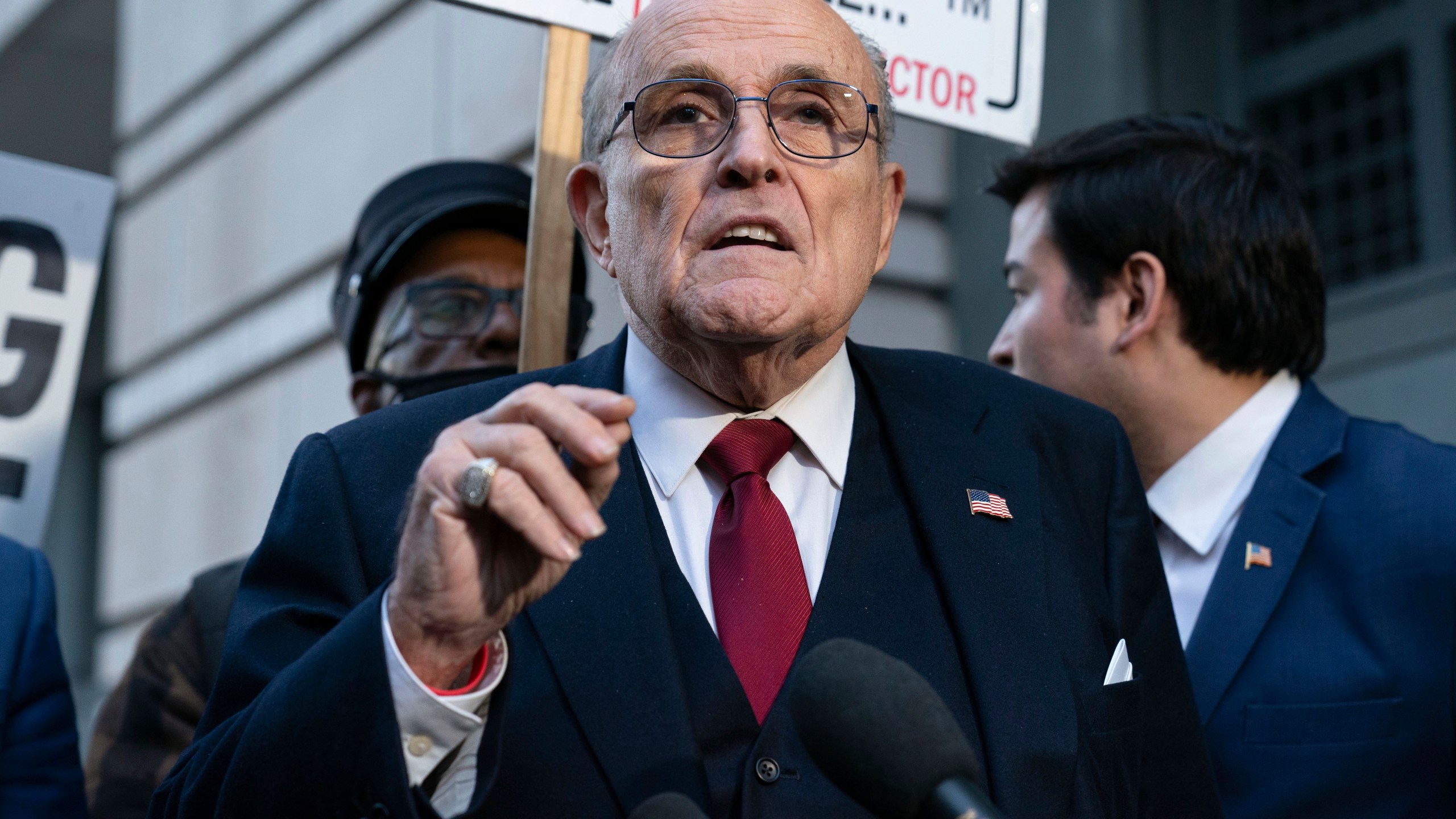 FILE - Former Mayor of New York Rudy Giuliani speaks during a news conference outside the federal courthouse in Washington, Dec. 15, 2023. Guiliani, a lawyer for former President Donald Trump, was among those indicted Wednesday, April 24, 2024, in an Arizona election interference case.(AP Photo/Jose Luis Magana, File)