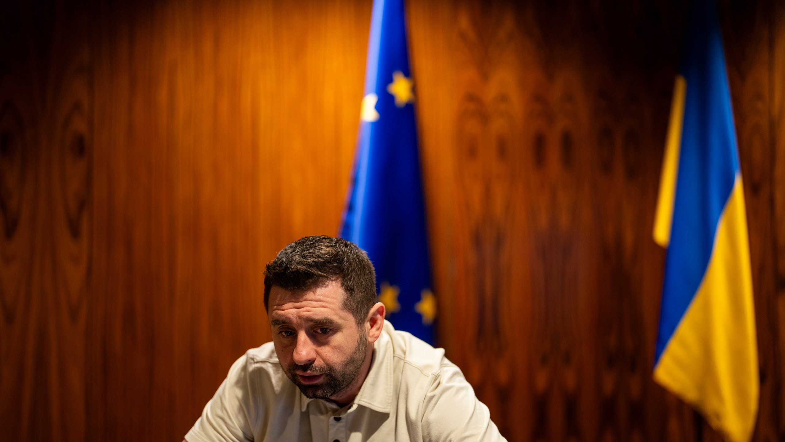 Davyd Arakhamia, a lawmaker with Ukrainian President Volodymyr Zelenskyy's Servant of the People party, talks during an interview with Associated Press in Kyiv, Ukraine, Monday, April 22, 2024. (AP Photo/Francisco Seco)