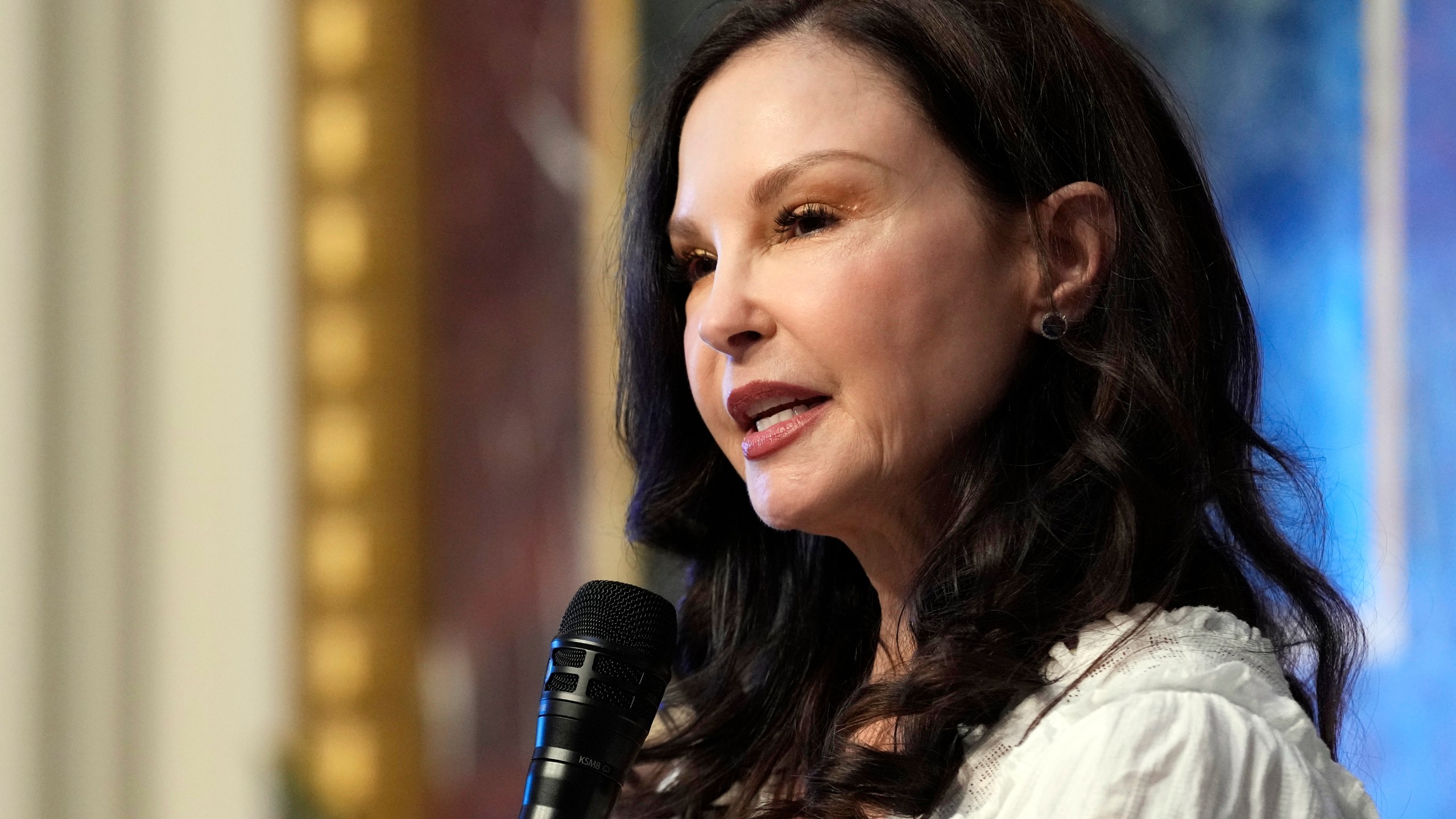 FILE - Ashley Judd speaks during an event on the White House complex in Washington, Tuesday, April 23, 2024. Judd, whose allegations against movie mogul Harvey Weinstein helped spark the #MeToo movement, spoke out Monday, April 29, on the right of women and girls to control their own bodies and be free from male violence. (AP Photo/Susan Walsh, File)