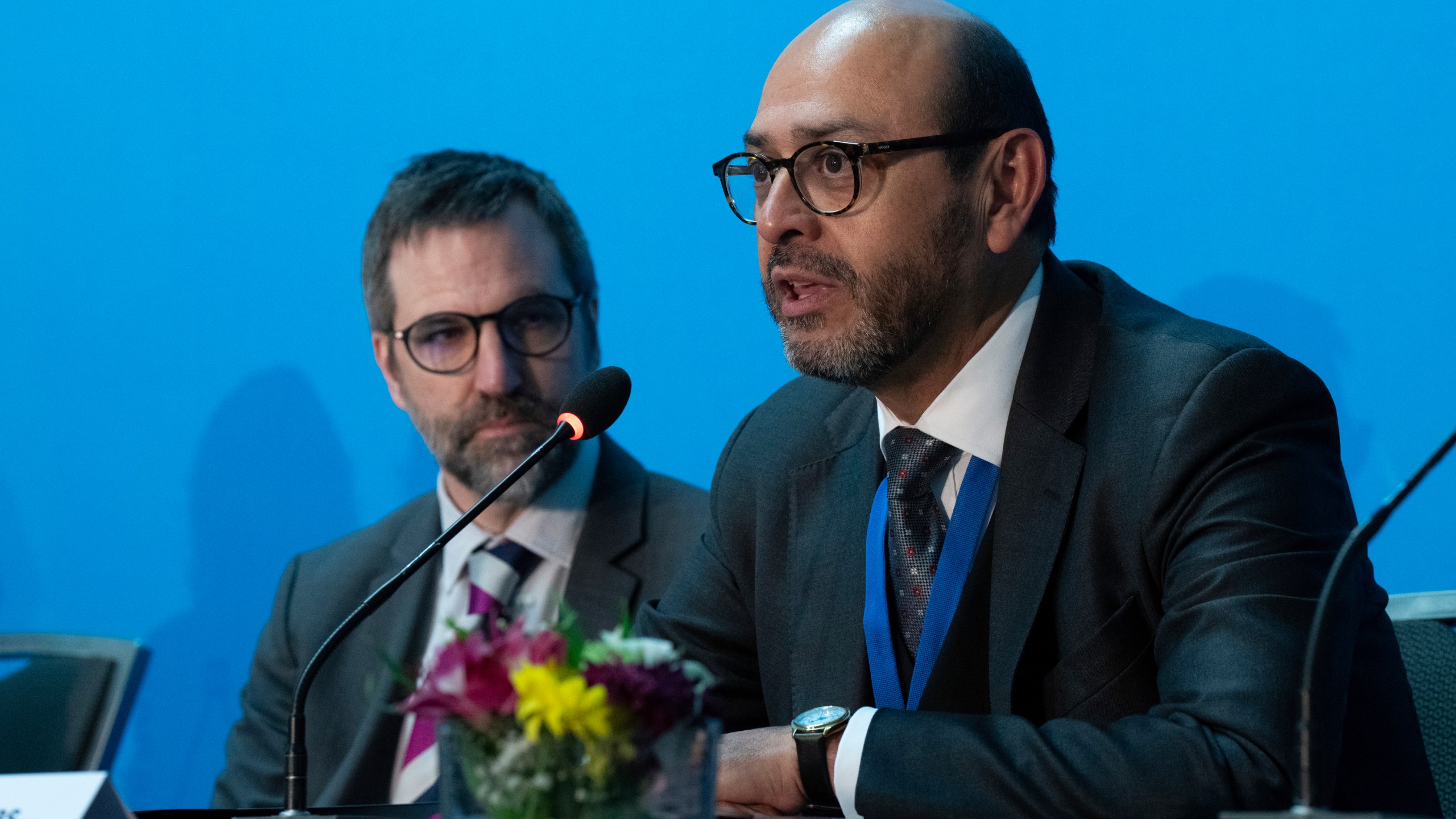 FILE - Minister of Environment and Climate Change Steven Guilbeault looks on as Chairperson of the Intergovernmental Negotiating Committee Ambassador Luis Vayas Valdivieso speaks during a news conference, April 23, 2024, in Ottawa, Ontario. (Adrian Wyld/The Canadian Press via AP, File)