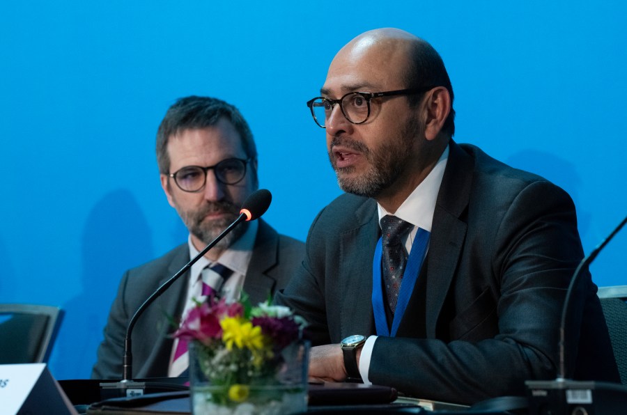 FILE - Minister of Environment and Climate Change Steven Guilbeault looks on as Chairperson of the Intergovernmental Negotiating Committee Ambassador Luis Vayas Valdivieso speaks during a news conference, April 23, 2024, in Ottawa, Ontario. (Adrian Wyld/The Canadian Press via AP, File)