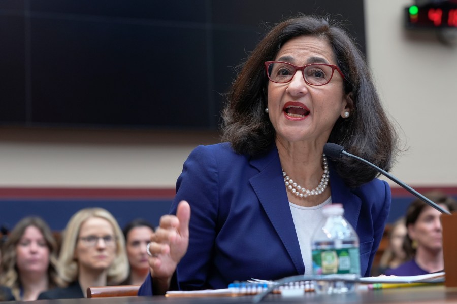 FILE -President of Columbia University Nemat Shafik testifies before the House Committee on Education and the Workforce hearing on "Columbia in Crisis: Columbia University's Response to Antisemitism" on Capitol Hill in Washington, Wednesday, April 17, 2024. Columbia University president Nemat (Minouche) Shafik is no stranger to navigating complex international issues, having worked at some of the world’s most prominent global financial institutions.(AP Photo/Mariam Zuhaib, File)