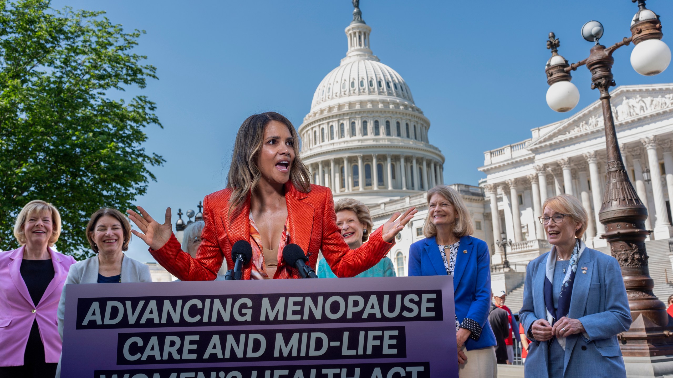 Oscar-winning actor and women's health activist Halle Berry joins female senators as they introduce new legislation to boost federal research on menopause, at the Capitol in Washington, Thursday, May 2, 2024. The bipartisan Senate bill, the Advancing Menopause Care and Mid-Life Women's Health Act, would create public health efforts to improve women's mid-life health. (AP Photo/J. Scott Applewhite)