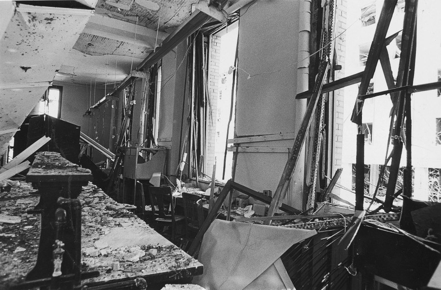 FILE - In this August, 1970, file photo debris scattered inside the Army Merthamatics Research Center in Sterling Hall following a bombing at the University of Wisconsin in Madison. Forty years after after the Aug. 24, 1970 explosion that killed one, injured others and caused millions in damage, Leo Burt remains the last fugitive wanted by the FBI in connection with radical anti-Vietnam War protest activities. (Bruce Fritz/The Capital Times/Wisconsin State Journal via AP, File)