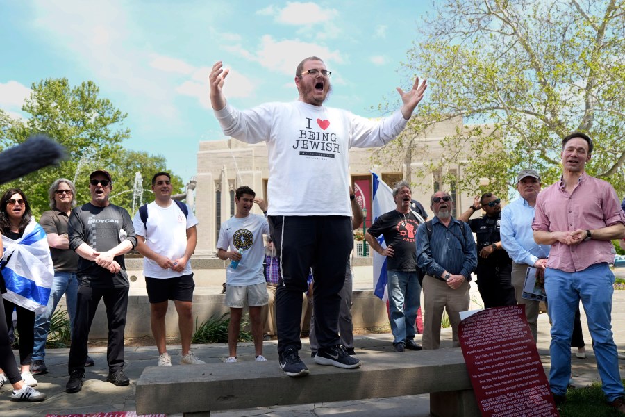 Rabbi Levi Cunin, with Chabad on Campus, speaks during a pro-Israel rally at Indiana University in Bloomington, Ind., Thursday, May 2, 2024. (AP Photo/AJ Mast)