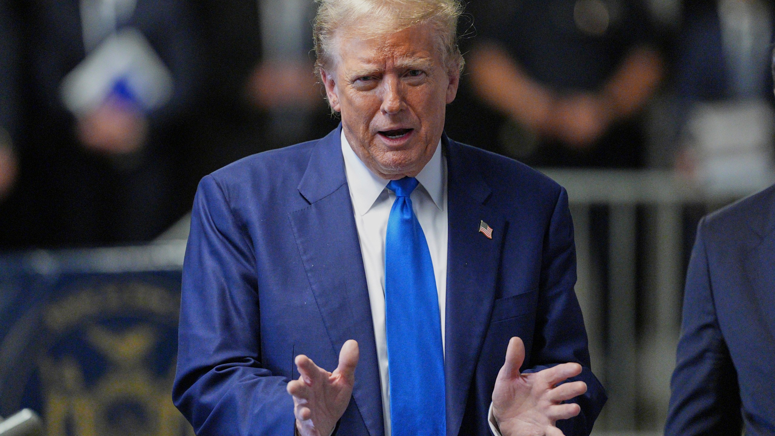 Former President Donald Trump speaks to media as he returns to his trial at the Manhattan Criminal Court, Friday, May 3, 2024, in New York. (Curtis Means/Pool Photo via AP)