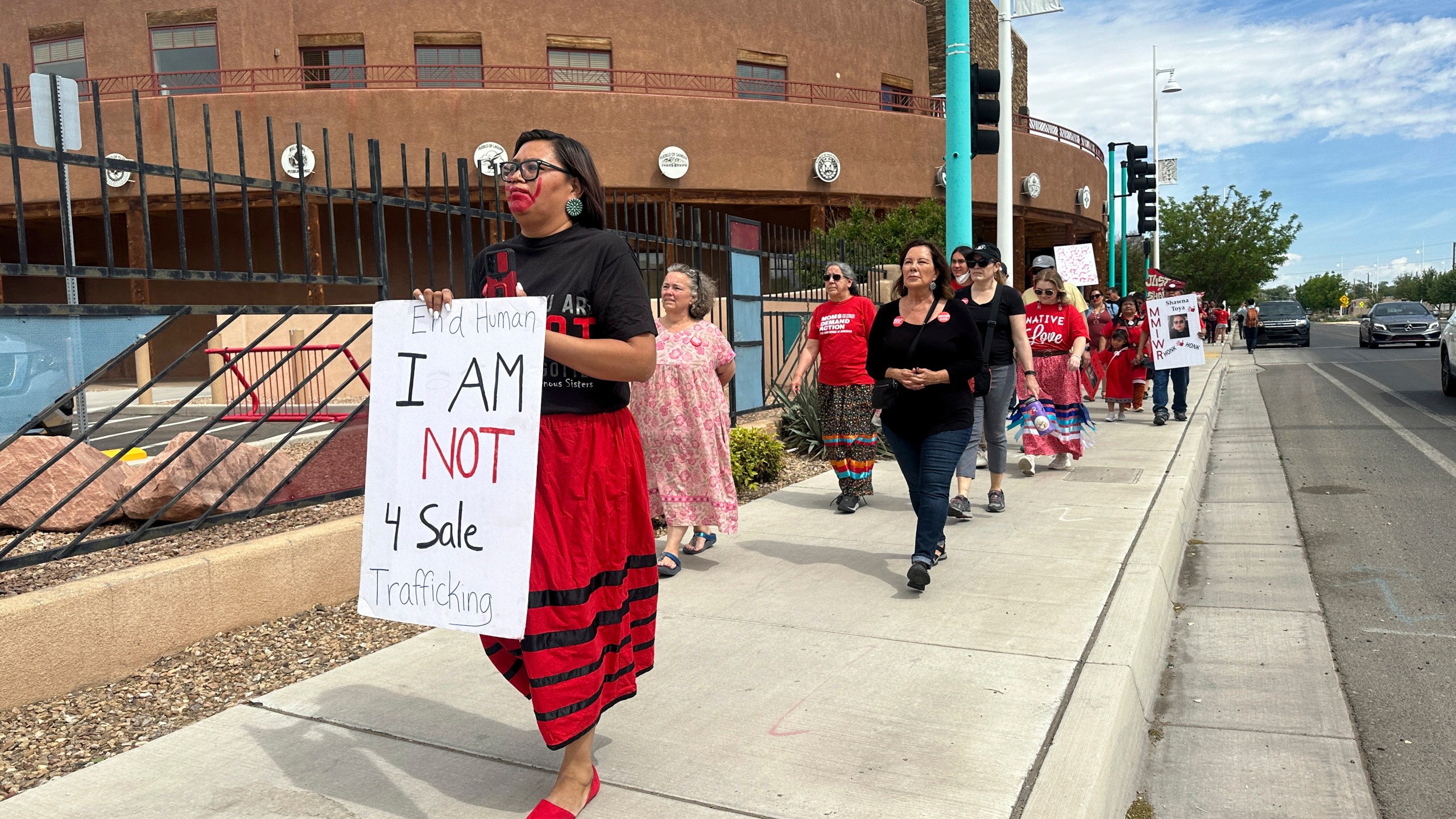 Kimberly Wahpepah, a human trafficking survivor and victims advocate, participates in a prayer walk during Missing and Murdered Indigenous Persons Awareness Day in Albuquerque, N.M., Sunday, May 5, 2024. Wahpepah said many victims and families feel invisible and lack the resources to pursue justice for their loved ones. (AP Photo/Susan Montoya Bryan)