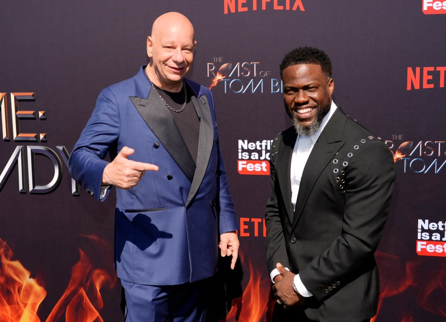 Comedian Jeff Ross, left, and host Kevin Hart pose together at "The Greatest Roast of All Time: Tom Brady" at the Kia Forum, Sunday, May 5, 2024, in Inglewood, Calif. (AP Photo/Chris Pizzello)