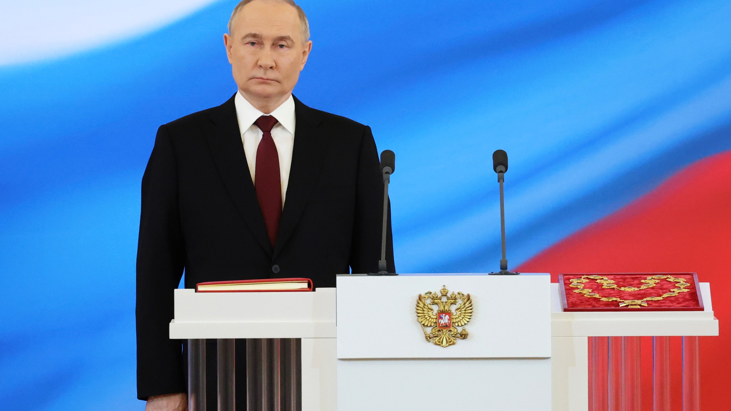 Vladimir Putin attends an inauguration ceremony as Russian president in the Grand Kremlin Palace in Moscow, Russia, Tuesday, May 7, 2024. (Alexander Kazakov, Sputnik, Kremlin Pool Photo via AP)