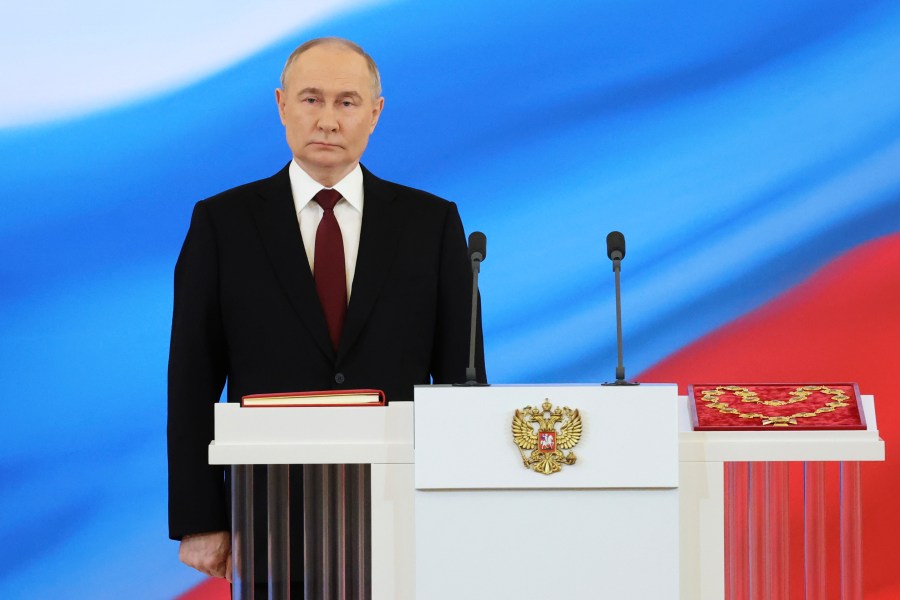 Vladimir Putin attends an inauguration ceremony as Russian president in the Grand Kremlin Palace in Moscow, Russia, Tuesday, May 7, 2024. (Alexander Kazakov, Sputnik, Kremlin Pool Photo via AP)