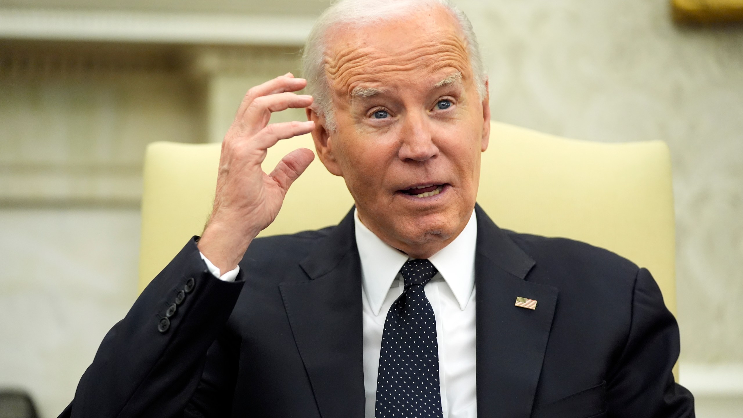 President Joe Biden speaks as he meets in the Oval Office of the White House, Tuesday, May 7, 2024, in Washington. (AP Photo/Alex Brandon)