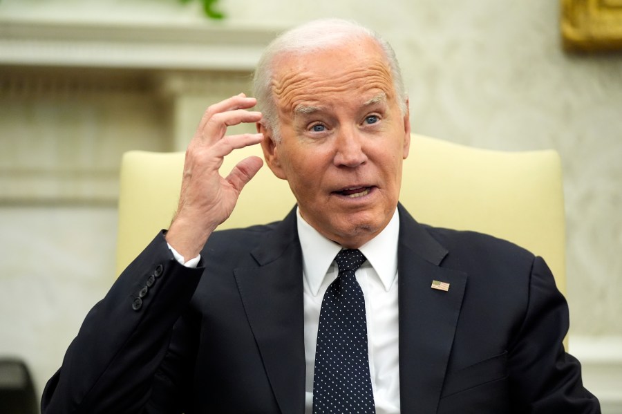 President Joe Biden speaks as he meets in the Oval Office of the White House, Tuesday, May 7, 2024, in Washington. (AP Photo/Alex Brandon)